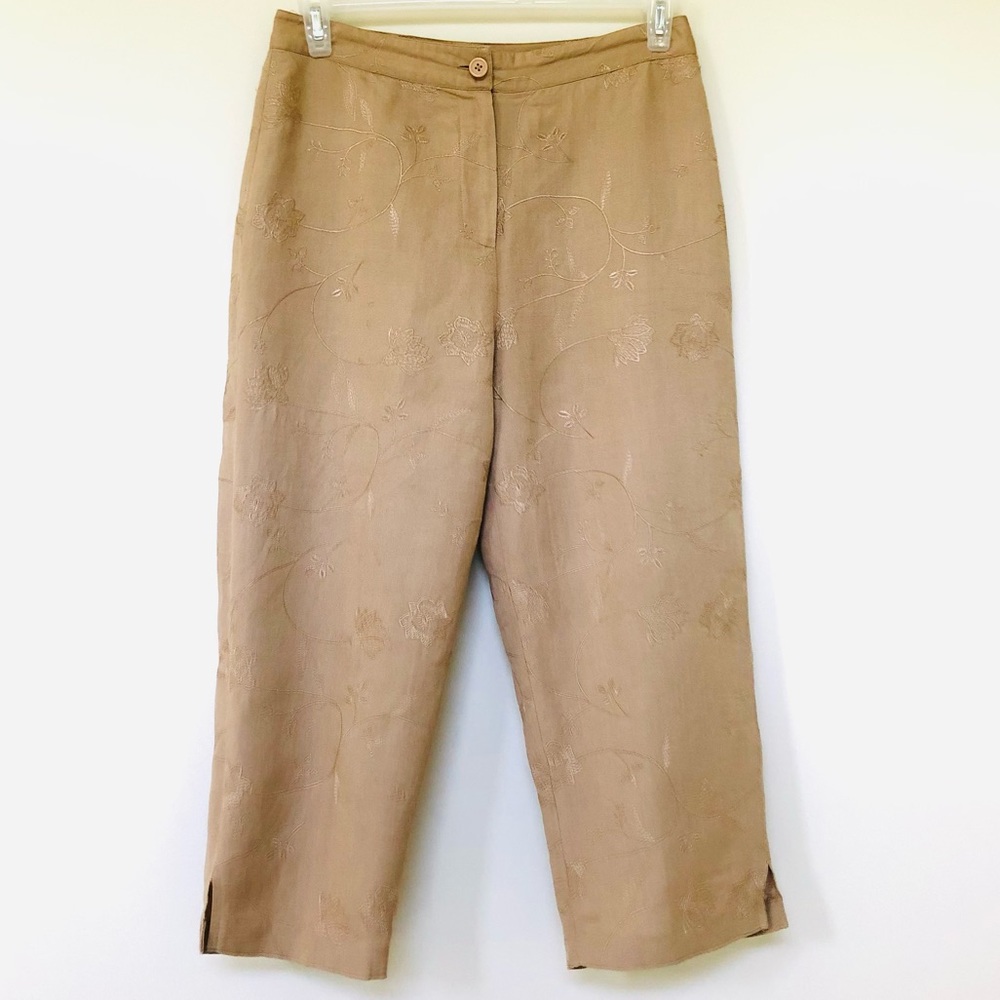 Linen Blend Capris Embroidered Detail ~ Dina K ~ Tan ~ Coastal Grandma ~ Size 8